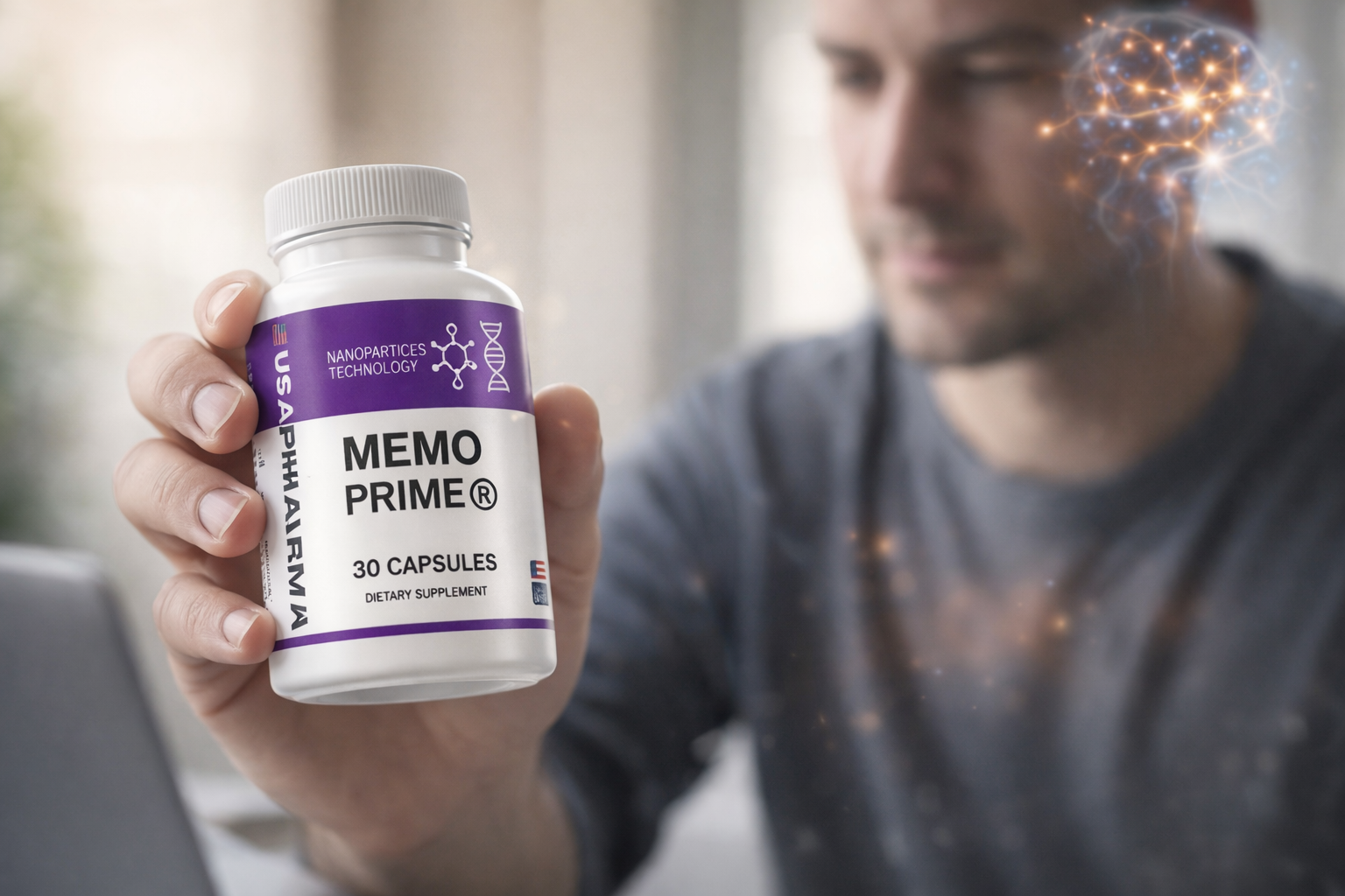 Memo Prime bottle on desk with vibrant brain graphic in background.