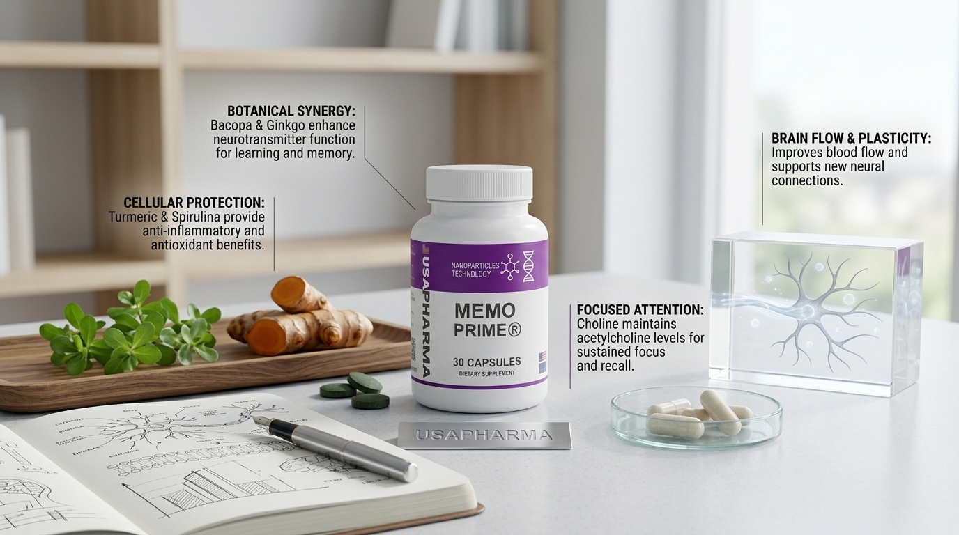 Diagram showing blood flow and neurotransmitter enhancement from Memo Prime ingredients.